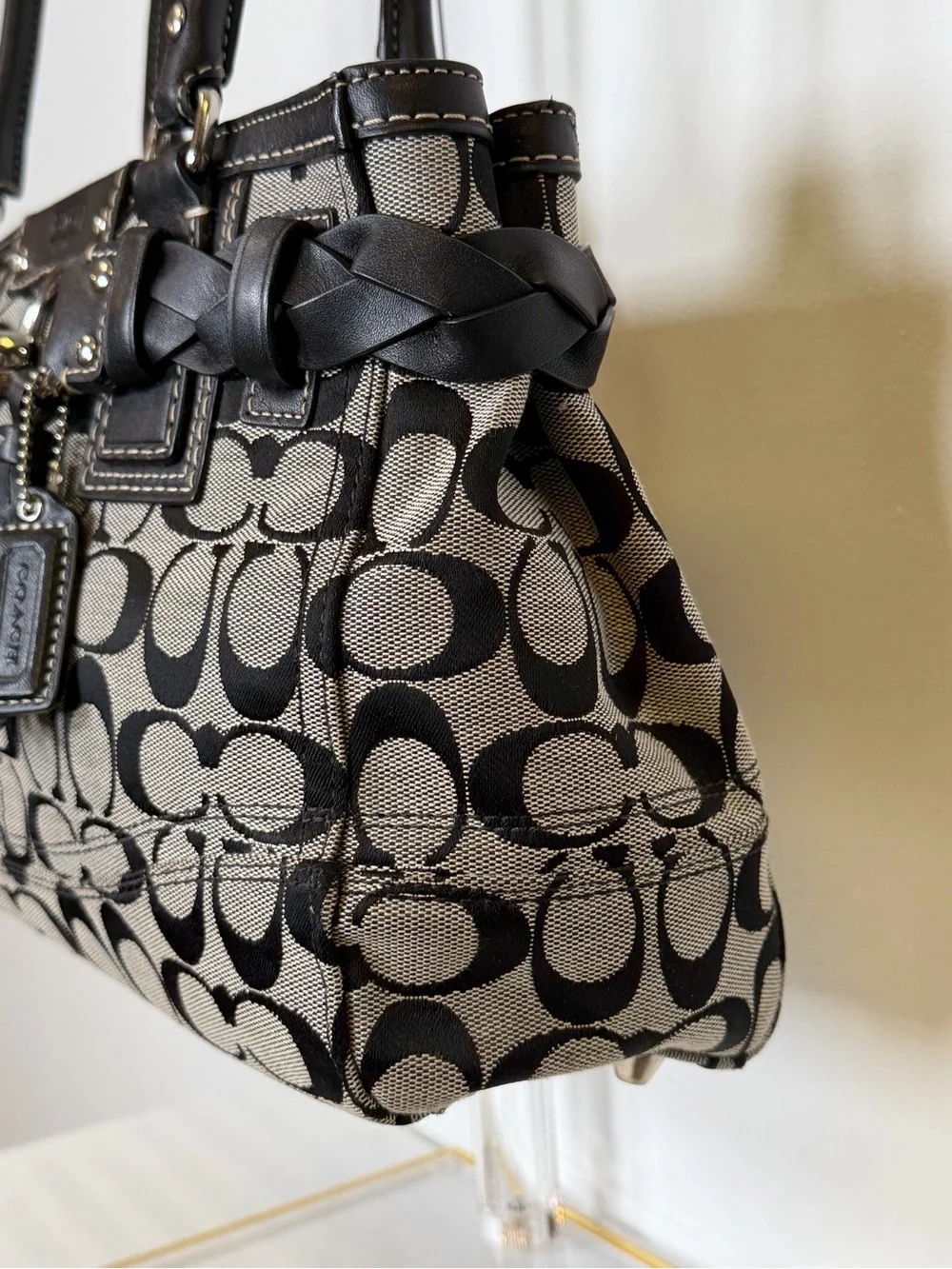 COACH | Vintage ‘Hampton’ Signature Monogram Black & Gray Bag Leather Trim - Picture 6 of 15